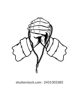 gesture of invoking carrying prayer beads in Islam black and white  vector illustration