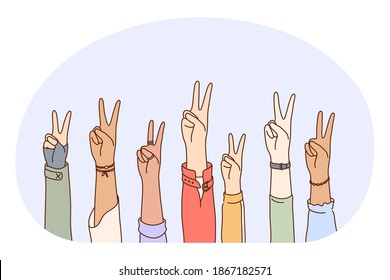 Gesture language, peace ok hand sign concept. Hands of mixed race people showing peace luck positive ok sign with fingers. Teamwork, mutual support, unity, friendship illustration 