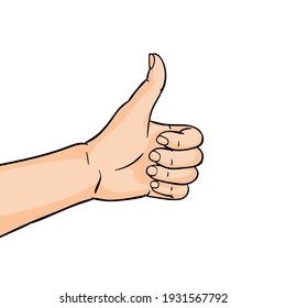 El gesto de Me Gusta. Mano mostrando el pulgar sobre fondo blanco. Ilustración dibujada a mano por el vector