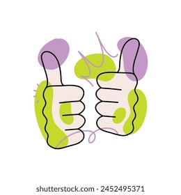 The gesture of Like. Hand showing thumb up on white background. Vector hand drawn illustration