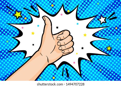 The gesture of Like in pop art style, hand showing thumb up on blue background. Vector colorful hand drawn illustration with halftone in retro comic style.