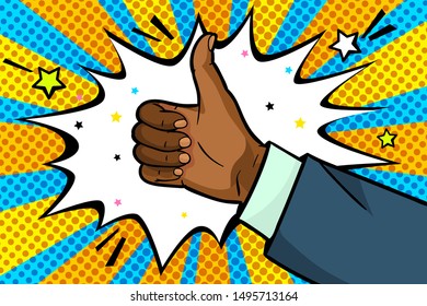The gesture of Like in pop art style, afro american hand in business suit showing thumb up on blue yellow background. Vector colorful hand drawn illustration with halftone in retro comic style.