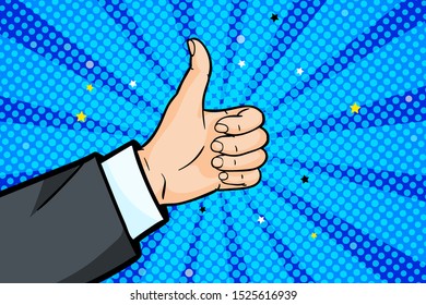 The gesture of Like in pop art style, hand in business suit showing thumb up on blue yellow background. Vector colorful hand drawn illustration with halftone in retro comic style.