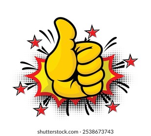 Gesture Like or thumb up. Yellow hand emoji in popart comic style. Vector on transparent background