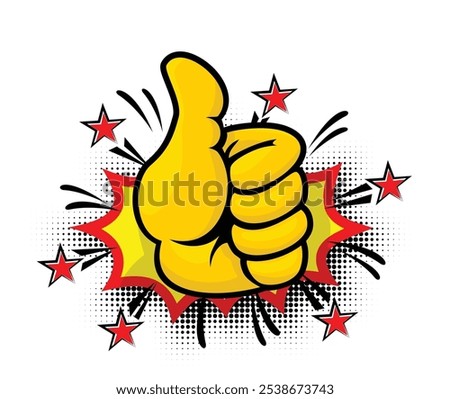 Gesture Like or thumb up. Yellow hand emoji in popart comic style. Vector on transparent background