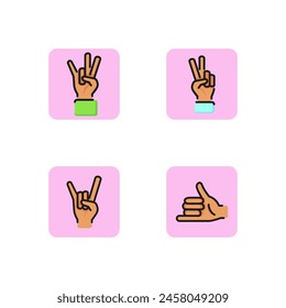 Gesture line icon set. Shaka, devil horn and victory signs.  Hand gesturing concept. Can be used for topics like deaf language, communication. Vector illustration for web design and app