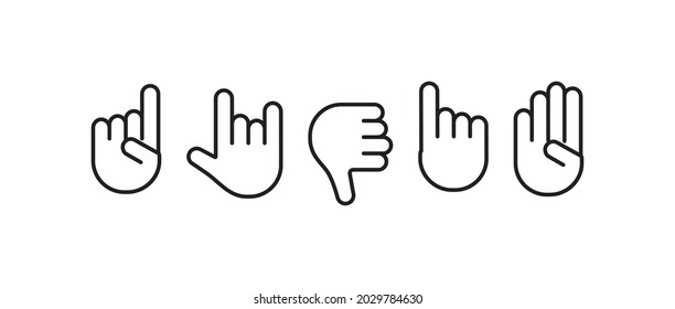 Gesture line vector set, black finger and palm hands outline icons isolated on white background. Expression illustration
