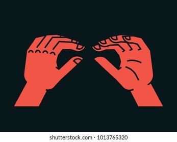 Gesture. Lizard sign. Stylized hand for geek hand game. Icon. Vector illustration on a dark grey background. Orange silhouette. Element for your design.