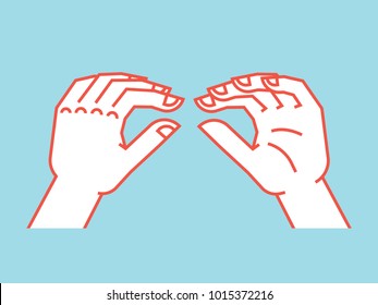 Gesture. Lizard sign. Stylized hand for geek hand game. Icon. Vector illustration on a blue background. Orange lines and white silhouette. Element for your design.