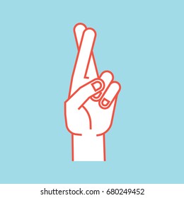 Gesture. Lucky sign. Stylized hand with two fingers crossed. Index finger in the front. Icon. Vector illustration on blue background. Making promise signal by hand. Orange lines and white silhouette.