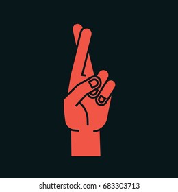 Gesture. Lucky sign. Stylized hand with two fingers crossed. Index finger in the front. Icon. Vector illustration on a dark background. Making promise signal by hand. Orange-red silhouette.