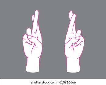 Gesture. Lucky sign. Two female hands with two fingers crossed. Vector illustration in sketch style on a grey background. Making promise signal by hands. Pink lines and white silhouette.