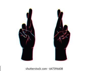 Gesture. Lucky sign. Two female hands with two fingers crossed. Vector illustration in sketch style with bias color effect on a white background. Promise signal. Offset red, blue, yellow silhouettes.