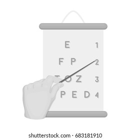 Gesture, manipulation of the hand with a pointer when checking the vision according to the table. Medicine single icon in monochrome style vector symbol stock illustration web.