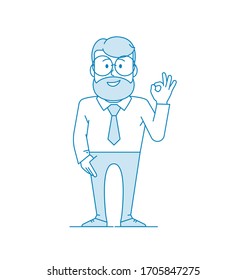 Gesture ok. Character - a man with glasses and a beard. Manager or office worker in a shirt with a tie. Illustration in line art style. Vector