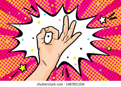 The gesture of OK in pop art style. Hand sign in retro comics style, OKAY hand gesture with speech bubble on red background. Vector illustration