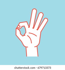 Gesture. Okay sign. Stylized hand with index and thumb making circle, other fingers up. Icon. Vector illustration on a blue background. Ok. Orange lines and white silhouette. Logo.