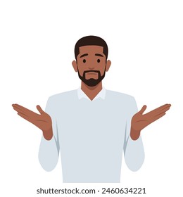 Gesture oops, sorry or I do not know. Black man shrugs and spreads his hands. Flat vector illustration isolated on white background