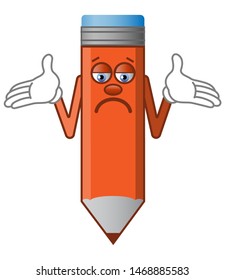 Gesture Oops, sorry or I don't know. Cartoon pencil shrugs and throws up his hands. Vector illustration on white background.