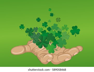The gesture of the open hand. From the hands of fly sheets clover. Patrick's day. Greeting card. Vector illustration. Empty space for text labels and advertising