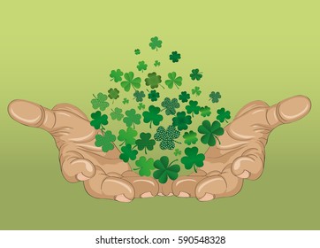 The gesture of the open hands. From the hands of fly sheets clover. Patrick's day. Greeting card. Vector illustration. Empty space for text labels and advertising