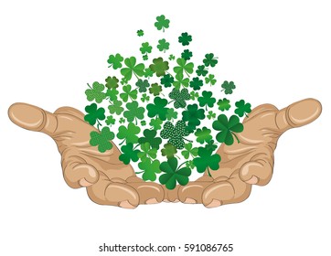 The gesture of the open hands. From the hands of fly sheets clover. Patrick's day. Greeting card. Vector illustration. Empty space for text labels and advertising