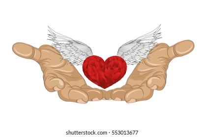 Gesture open palm. Hand gives heart with wings. St. Valentine's Day. The concept of love. Vector illustration on white background