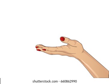 Gesture open palm. Hand gives or receives. Vector illustration on white background. Empty space for advertising 