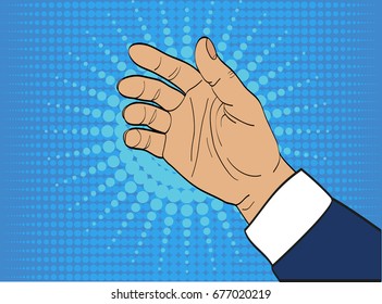 Gesture open palm. Hand gives or receives. Retro style pop art. Vector illustration. Empty space for advertising 