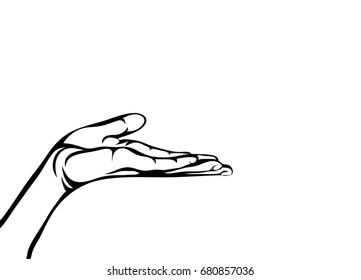 Gesture open palm. Hand gives or receives. Contour graphic style. Black and white. Vector illustration on white background. Empty space for advertising