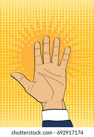 Gesture open palm. Hand gives or receives. Retro style pop art. Vector illustration. Empty space for advertising