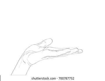 Gesture open palm. Hand gives or receives. Contour graphic style. Black and white. Vector illustration on white background. Empty space for advertising