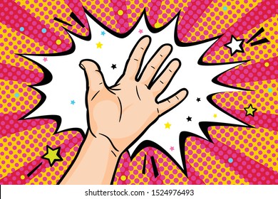 Gesture open palm in Retro style pop art on red background. Hand gives or receives. Vector illustration.
