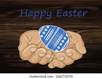 Gesture open palms. Easter eggs. Vector illustration on wooden background.