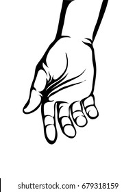 Gesture open palms. Hand gives or receives. Contour graphic style. Black and white. Vector illustration on white background. Empty space for advertising