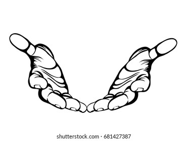 Gesture open palms. Hand gives or receives. Contour graphic style. Black and white. Vector illustration on white background. Empty space for advertising