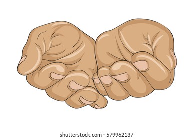 Gesture open palms. Hands gives or receives. Vector illustration on white background. Empty space for advertising