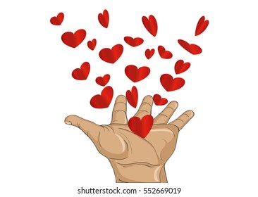 Gesture open palms. From stacked hands fly red heart. Vector illustration. Valentine's Day. love concept