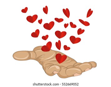 Gesture open palms. From stacked hands fly red heart. Vector illustration. Valentine's Day. love concept