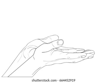 Gesture open palms. Two Hand gives or receives. Contour graphic style. Black and white. Vector illustration on white background. Empty space for advertising