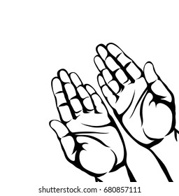 Gesture open palms. Two Hand gives or receives. Contour graphic style. Black and white. Vector illustration on white background. Empty space for advertising