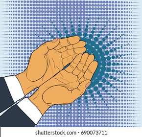 Gesture open palms. Two Hands gives or receives. Retro style pop art. Vector illustration. Empty space for advertising
