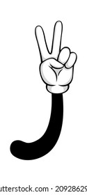 Gesture peace and greeting, two fingers up. Vector greeting cartoon and comical peace sign by human finger in white gloves illustration