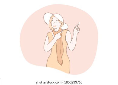Gesture, zeigend, werbung, Aufmerksamkeitskonzept. Junge lächelnde Frau Cartoon-Charakter in Sommerkleidung und Hut stehen und zeigen mit den Zeigefinger Vektorgrafik