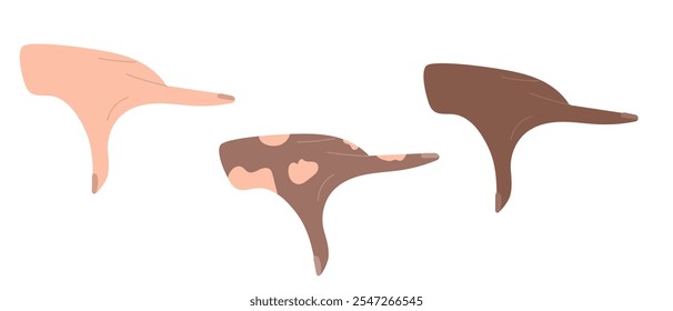 Gesture of pointing with finger isolated on white background. Hand drawn vector illustration in flat style. Human hand in white, dark and vitiligo skin. Concept of diversity, body language