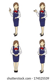 Gesture and pose of the four types of female employees uniform of dark blue