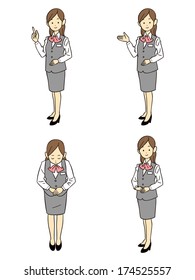 Gesture and pose four types of female employees of uniform gray