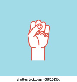 Gesture. Power sign. Stylized hand with all fingers clenched. Vector illustration on blue background. Icon. Making strength sign by hand. Orange outline and white silhouette. Logo.