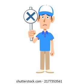 A gesture of raising an incorrect tag of a male staff wearing a hat in a short-sleeved polo shirt
