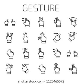 Gesture related vector icon set. Well-crafted sign in thin line style with editable stroke. Vector symbols isolated on a white background. Simple pictograms.